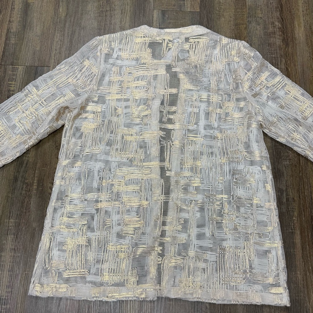 Chico's Metallic Gold Cream Travelers Pant Mesh Jacket Set Mother of the Bride - Picture 12 of 16